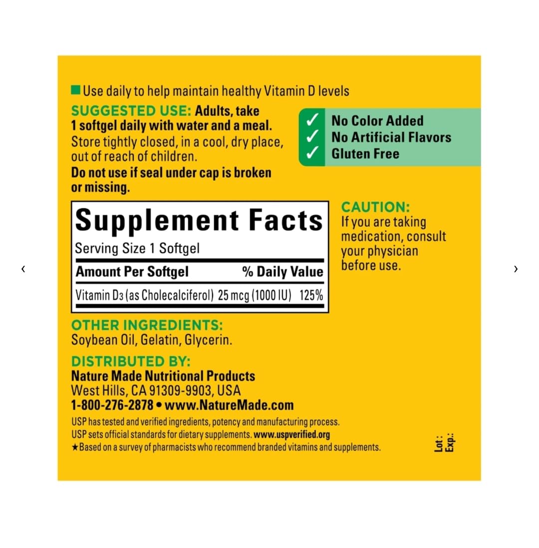 Nature Made Vitamin D3 1000 IU Softgels, 300 Count