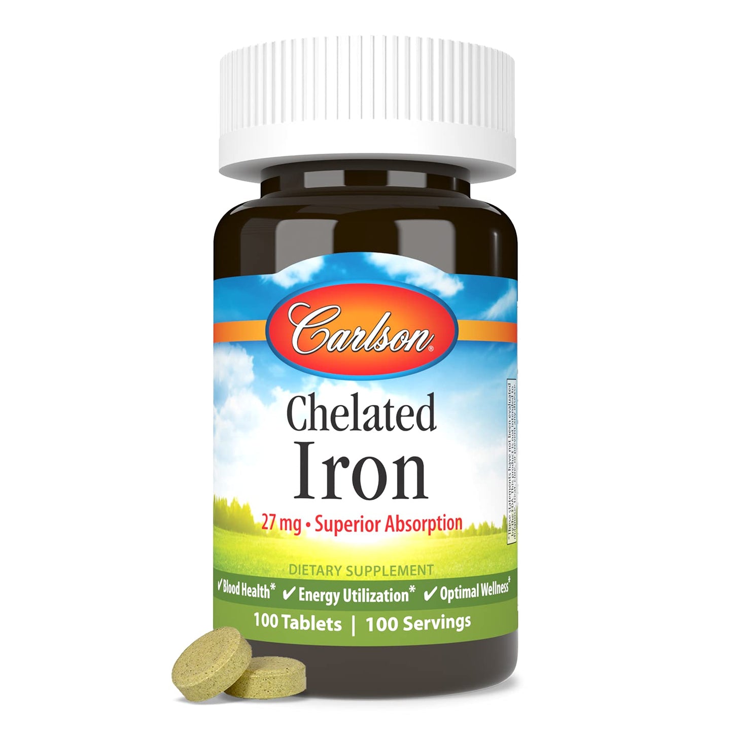 Carlson Chelated Iron 27 mg Superior Absorption, Blood Health, Energy Utilization & Optimal Wellness Tablets, 100 Count