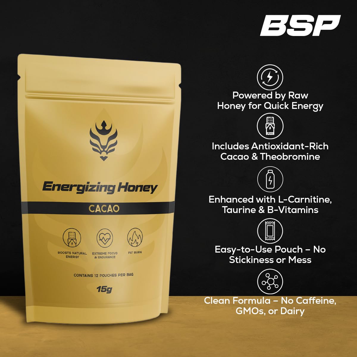 Benavidez sports performance Energizing Honey + Cacao Gel Pouches, 12 Count (15 g Each)