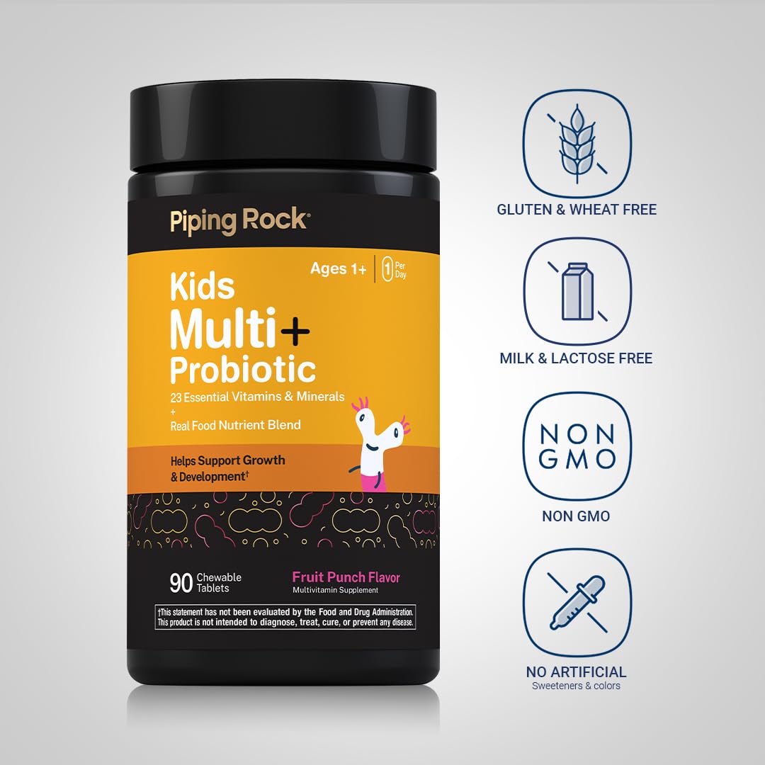 Piping Rock Kids Multivitamin + Probiotic Chewable Tablets, 90 Count