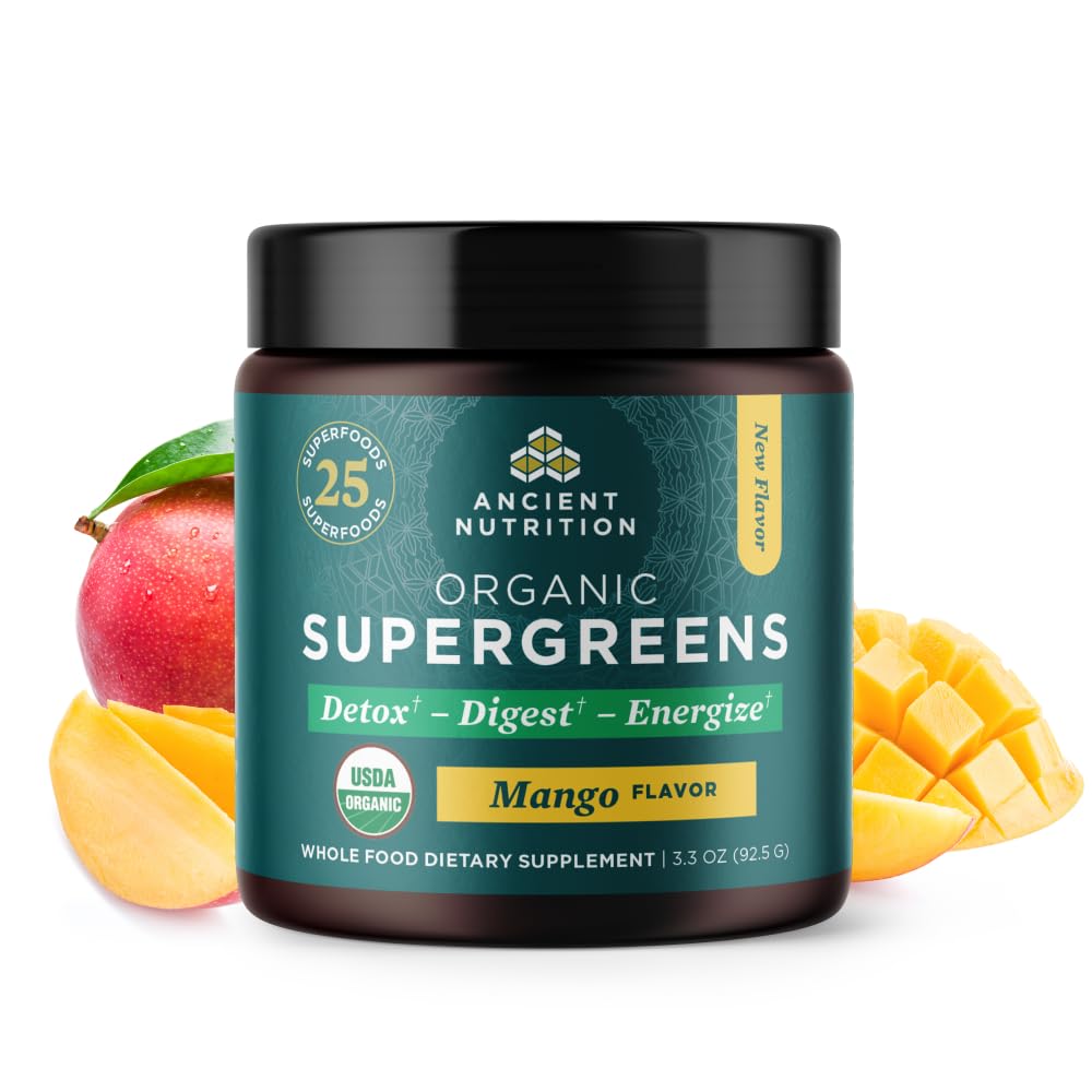 Ancient Nutrition SuperGreens Powder with Probiotics, Organic Mango Flavor, 3.3 oz