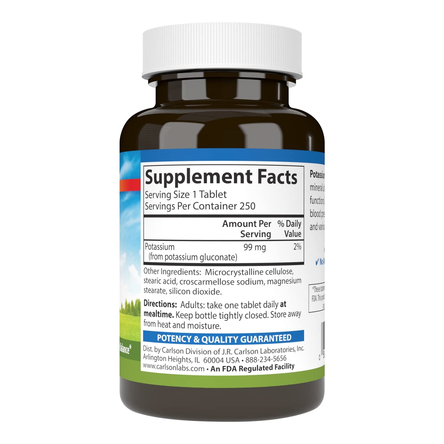 Carlson Potassium 99 mg Promotes Nerve Health & Muscle Function, 250 Tablets