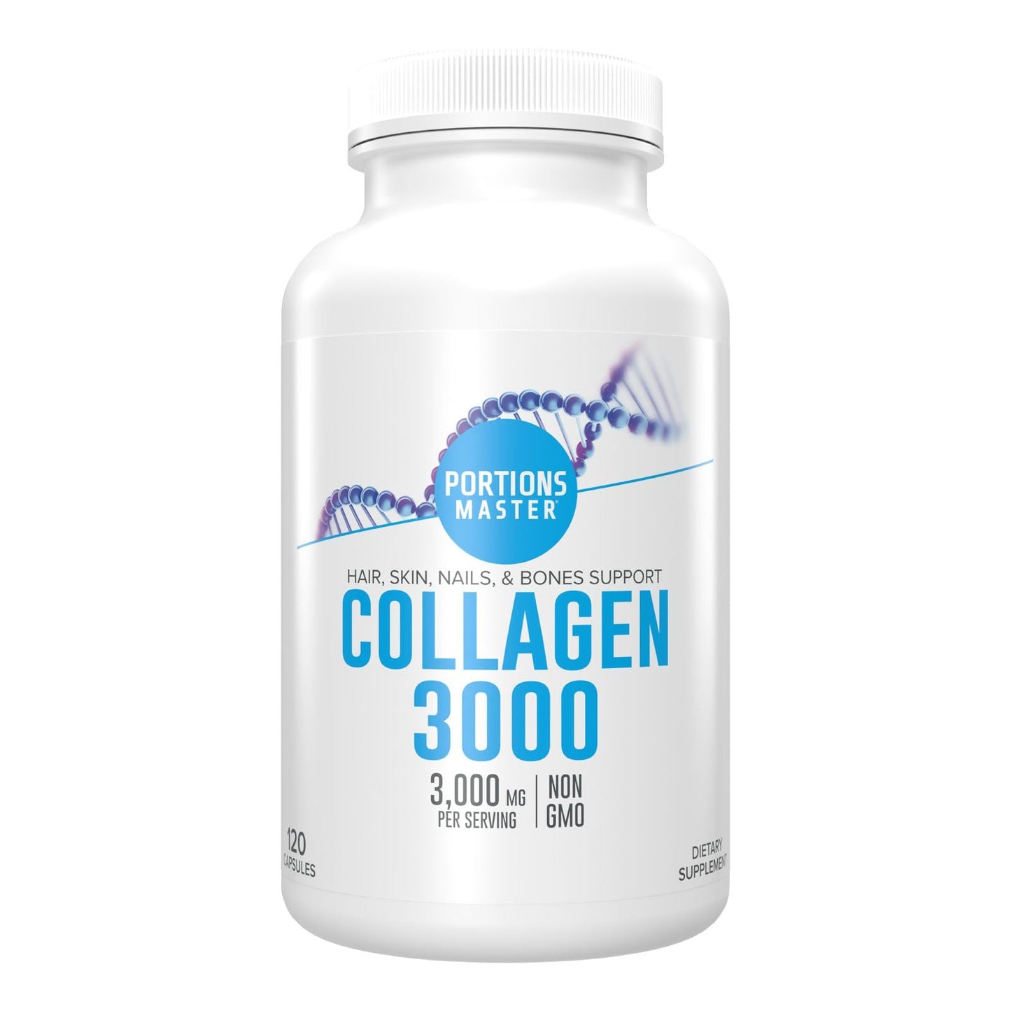 Portions Master Collagen Complex 3000mg, Hydrolyzed Bovine Type I & III, Non-GMO, Anti-Aging, Joint, Hair & Nail Support, 120 Capsules