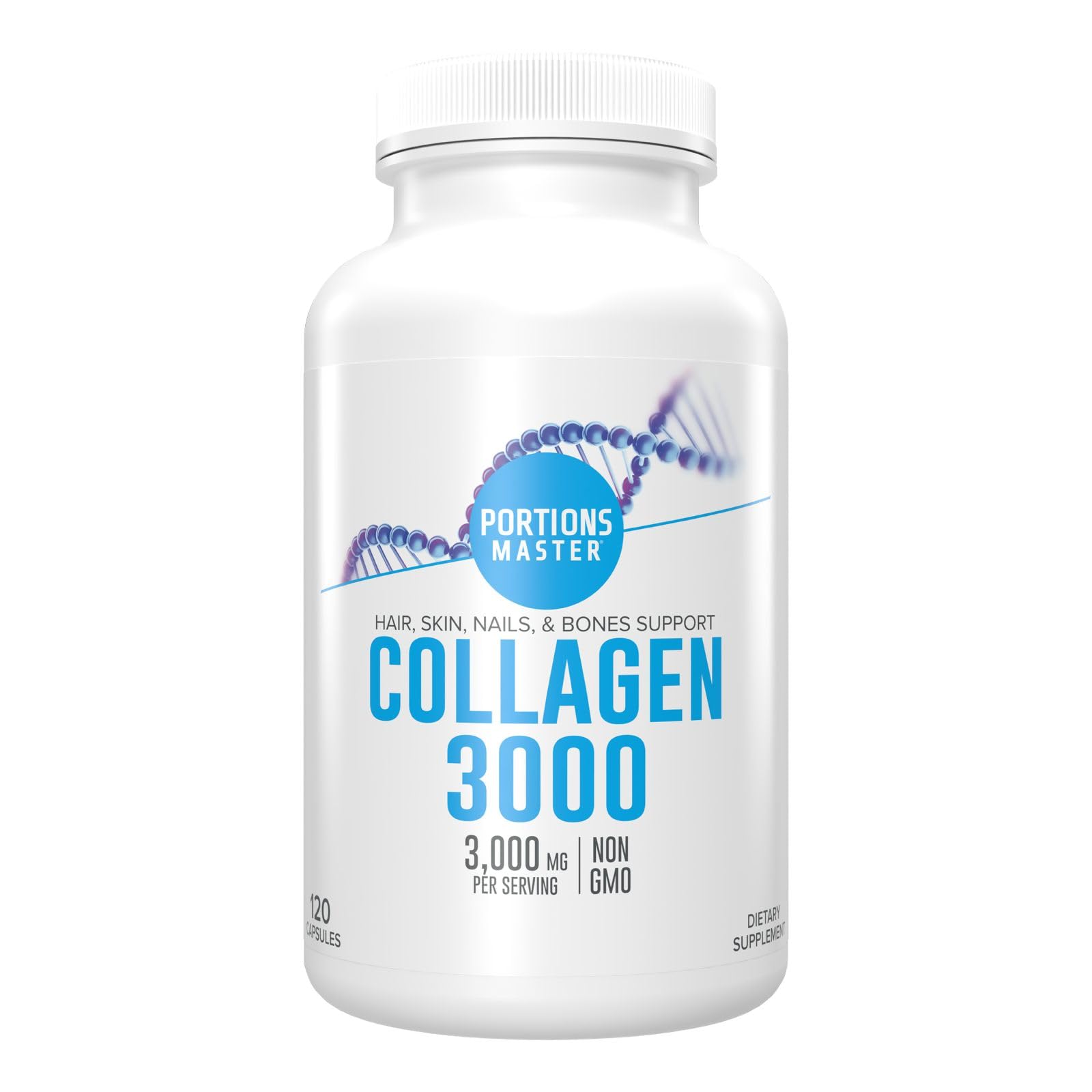 Portions Master Collagen Complex 3000mg, Hydrolyzed Bovine Type I & III, Non-GMO, Anti-Aging, Joint, Hair & Nail Support, 120 Capsules