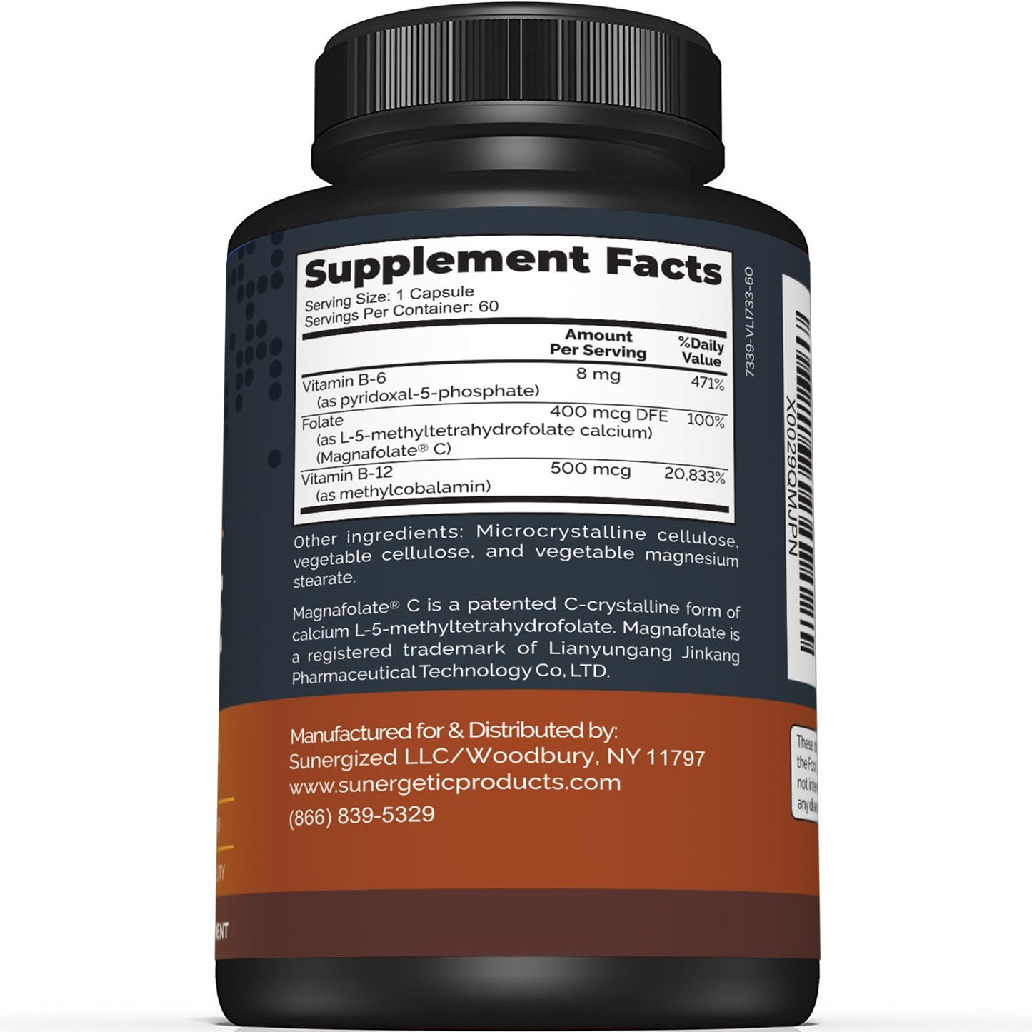 Sunergetic Methyl Folate Supplement with Methylated B12 and B6, Magnafolate Metabolically Active Folate, 400 mcg per Capsule, 60 Capsules