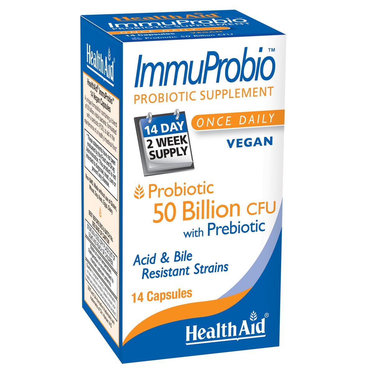 HealthAid ImmuProbio Once-Daily 50 Billion CFU Probiotic with Prebiotic Fiber (FOS), 30 Strains Including DDS-1, Acid & Bile Resistant, Vegan, Room-Temperature Stable, 14 Capsules