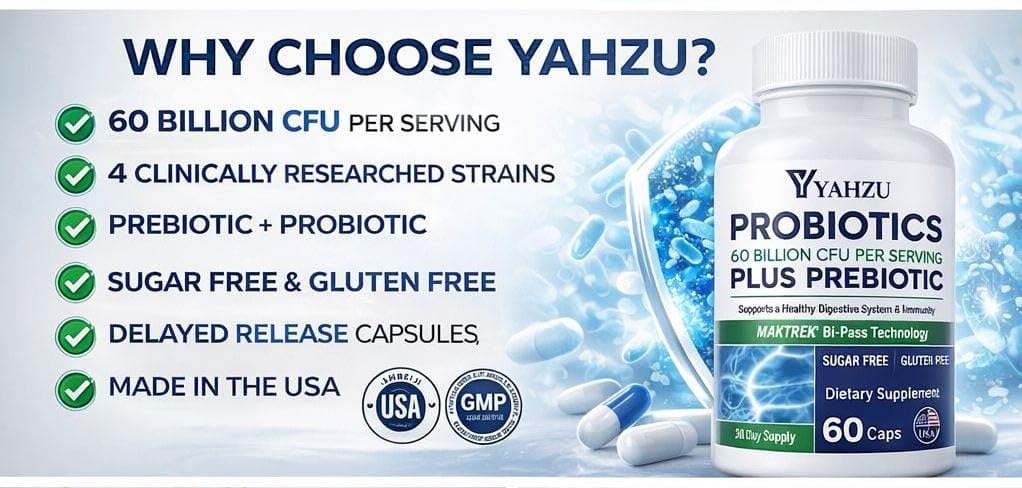 YAHZU 60 Billion CFU Probiotics with Prebiotic Fiber Synbiotic Digestive & Immune Support, 4 Clinically Researched Strains, 60 Capsules