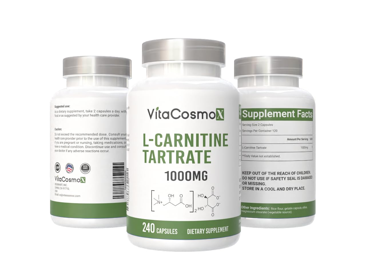 VitaCosmoX L-Carnitine Tartrate 1000mg, 240 Vegan Capsules