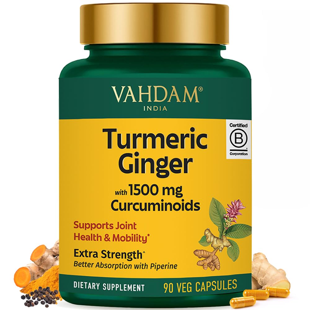 VAHDAM Extra Strength Turmeric Ginger Supplement with 1500mg Curcuminoids per Serving, Added Piperine for Better Absorption, Supports Joint Health and Mobility, Capsule 90 Count