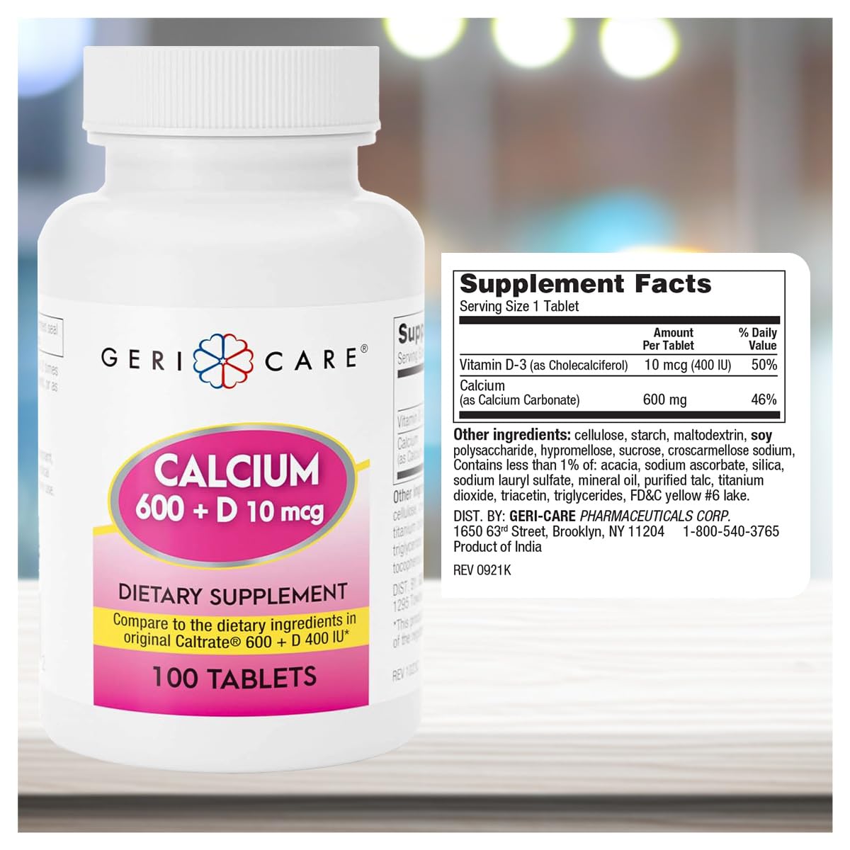 GeriCare Calcium 600mg with Vitamin D 10mcg (400 IU) Tablets, 100 Count