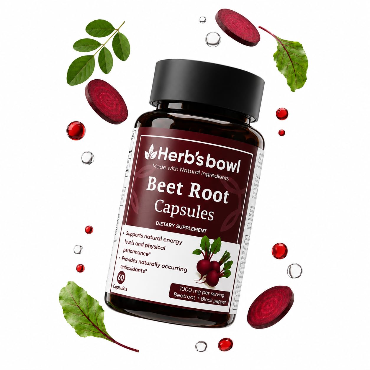 Herb'sbowl Organic Beet Root Capsules with Black Pepper, 60 Capsules