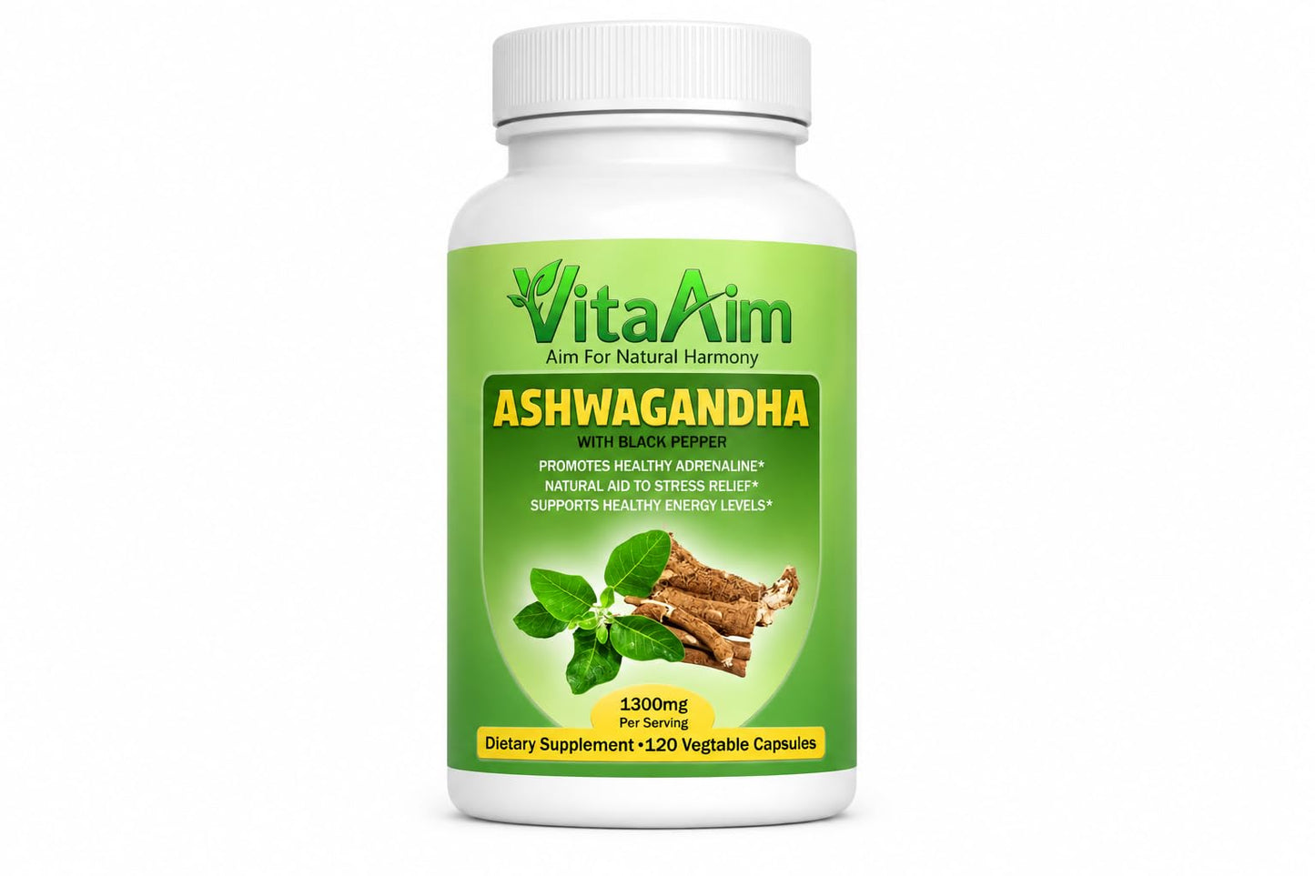 VitaAim Ashwagandha Supplement with Black Pepper 1300mg Capsule, 1 Count