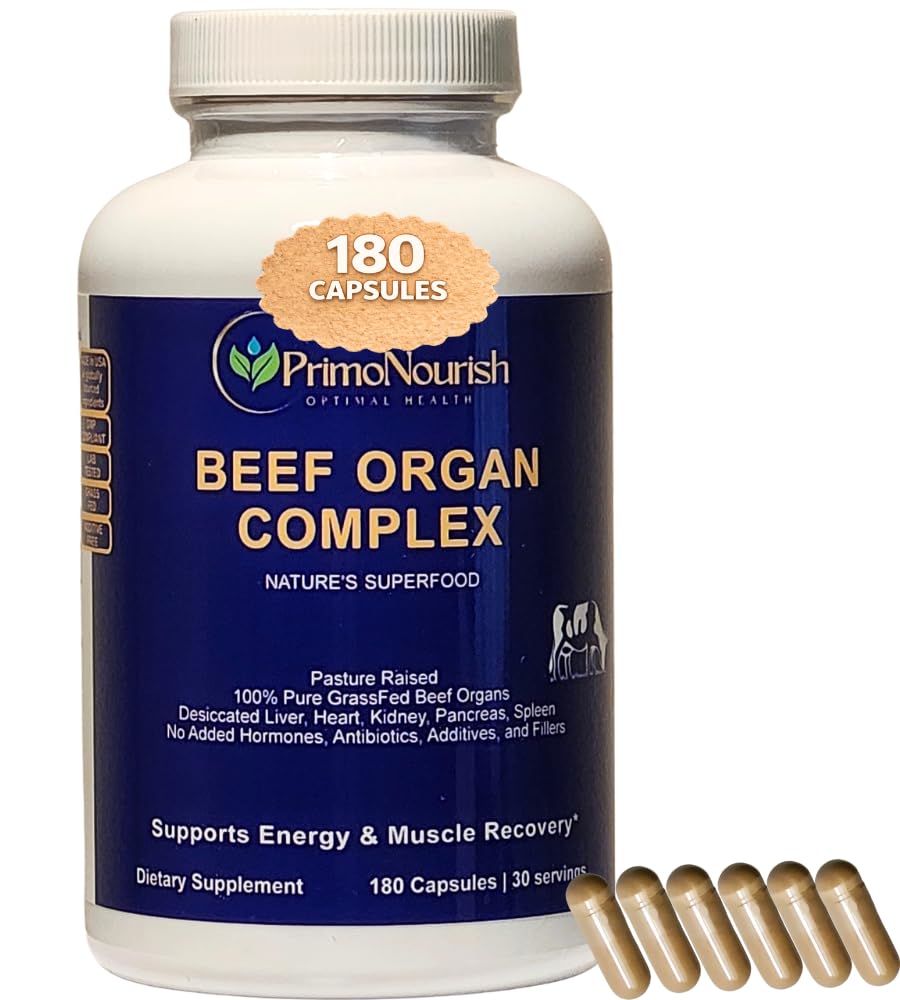 PrimoNourish Grass-Fed Beef Organ Supplement – Liver, Heart, Kidney, Pancreas & Spleen Blend, 180 Capsules