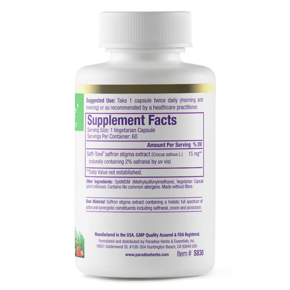 Paradise Herbs Saffr-Tone Saffron Extract Active Whole Spectrum Extract Capsule 60 Count