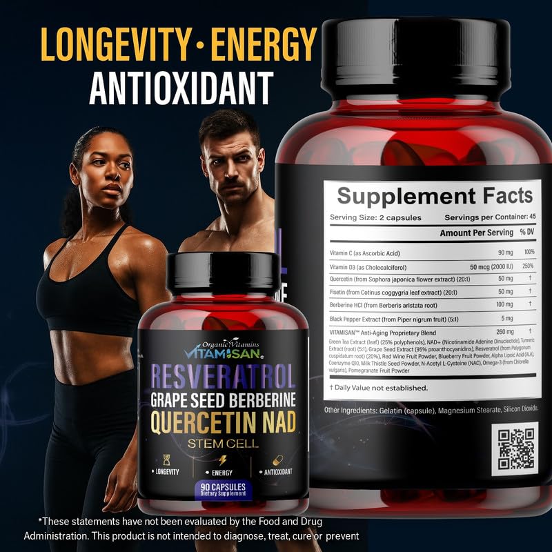 VITAMISAN Resveratrol with Quercetin, NAD+, Grape Seed, Berberine & CoQ10 – Antioxidant & Cellular Energy Support Capsules, 90 Count