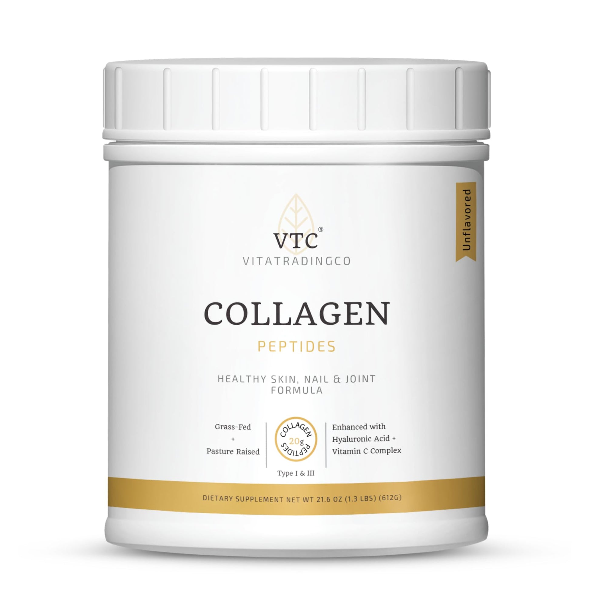 VTC Grass-Fed Collagen Peptides Powder 21.6 oz Type I & III, Hyaluronic Acid & Vitamin C, Healthy Hair, Skin & Joints, Non-GMO, Paleo, Keto