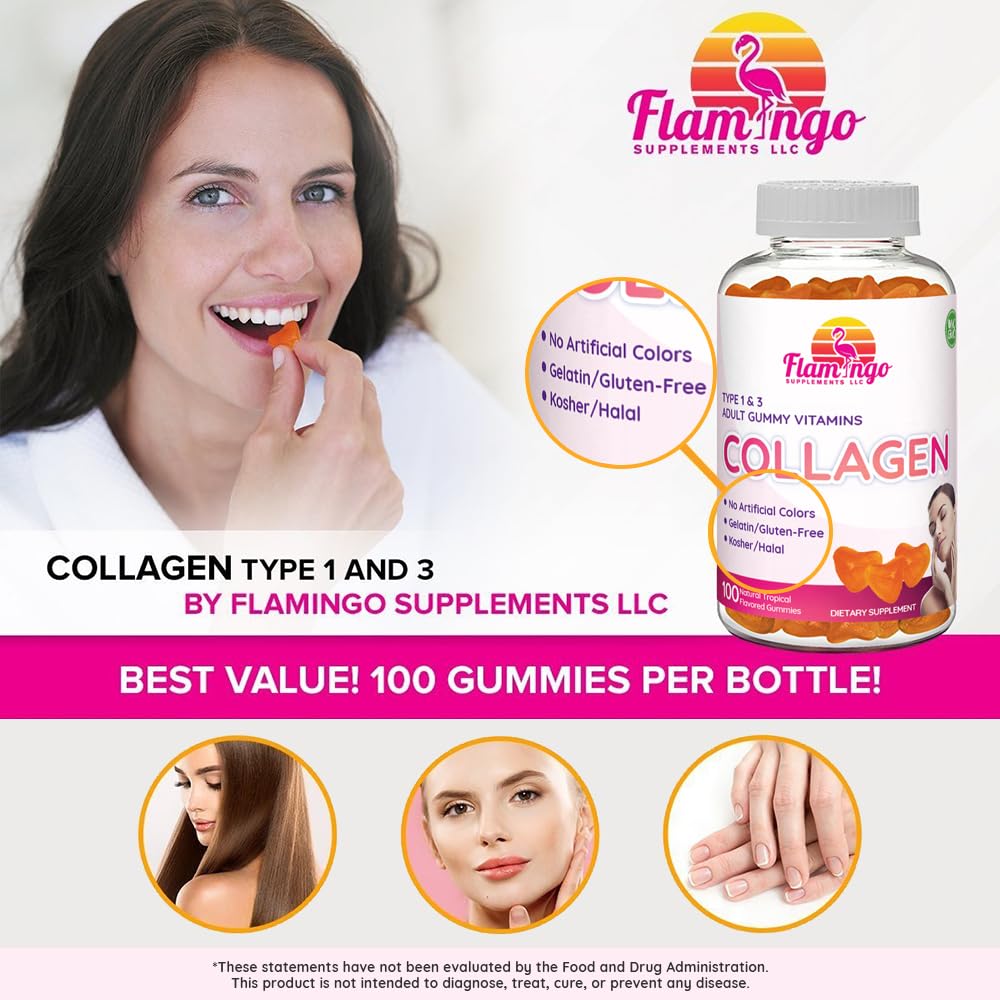 Flamingo Supplements Collagen Gummies, Natural Marine Collagen for Women and Men, Hydrolyzed Types I & II, No Gelatin, Kosher, Halal, 100 Count