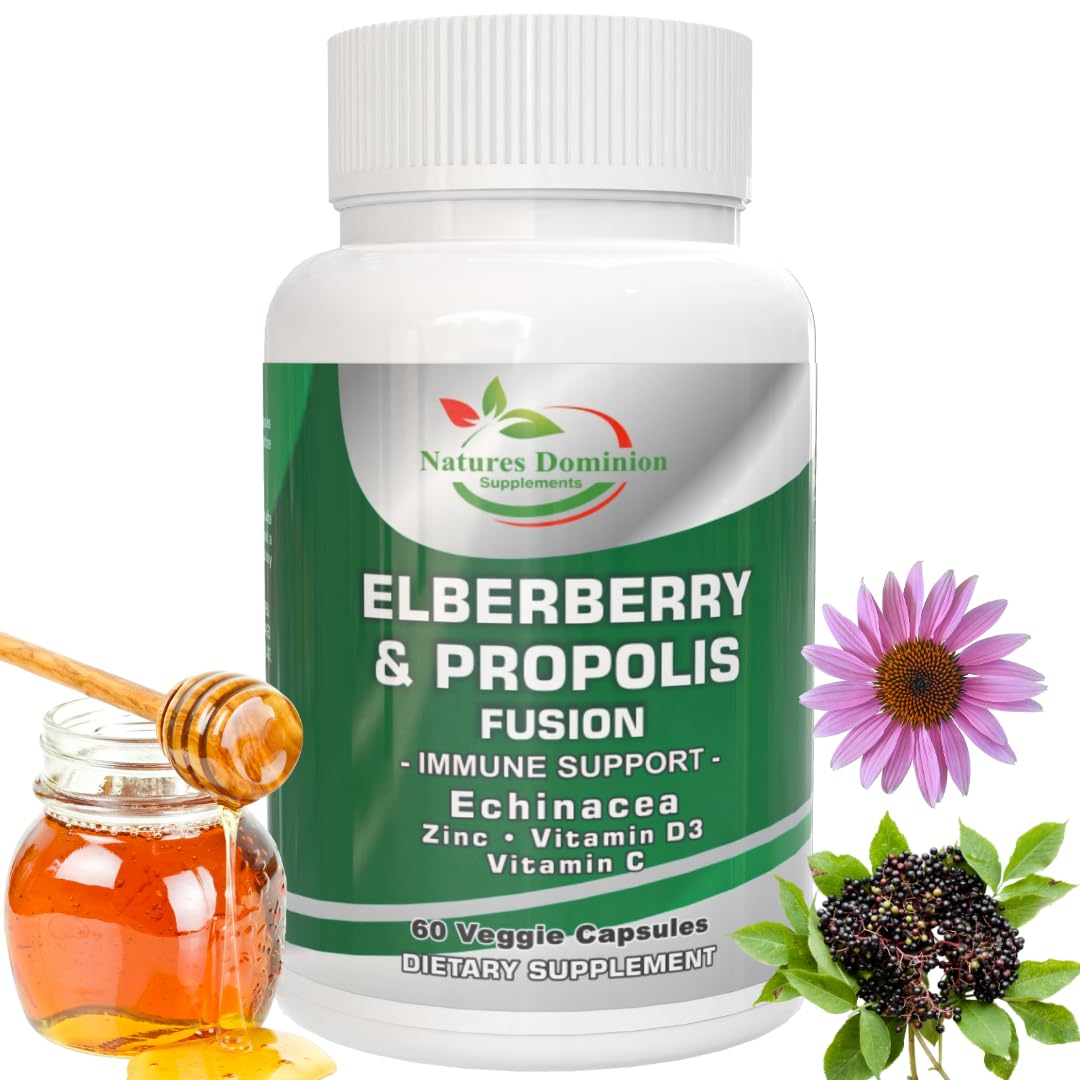 Natures Dominion Supplements Propolis Organic Elderberry Extract with Echinacea, Vitamin D3, Vitamin C and Zinc Capsule 60 Count