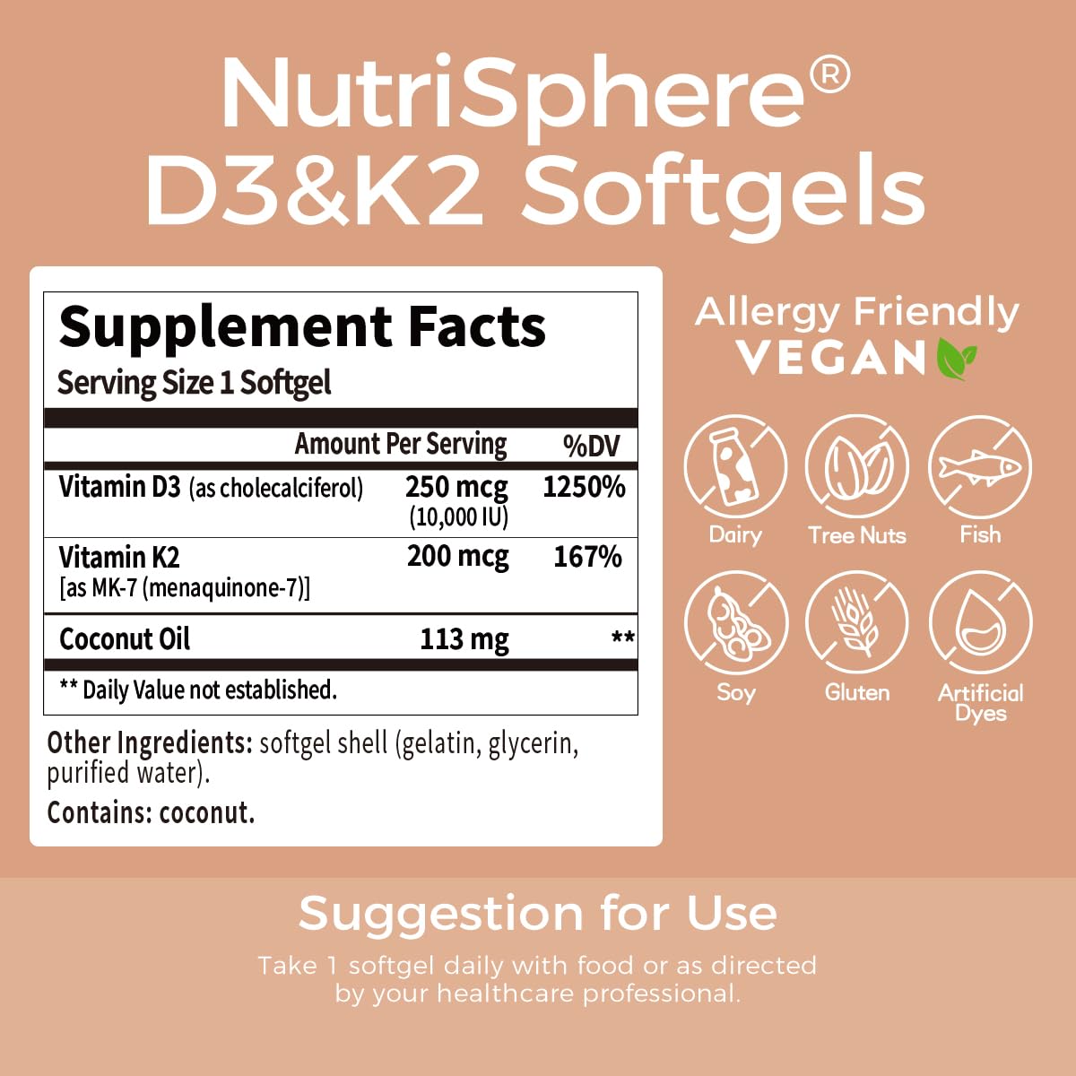 NutriShpere Vitamin D3 & K2 (MK-7) - 10,000 IU + 200 mcg, 365 Softgels