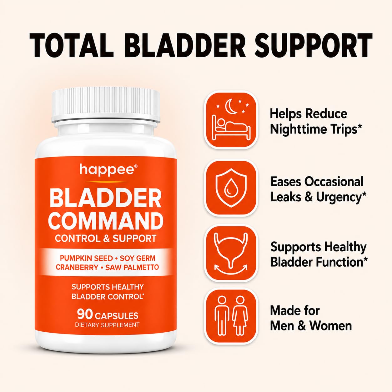 Happee Bladder Control Supplement for Women & Men 1,220mg Urinary Support Capsule 90 Count