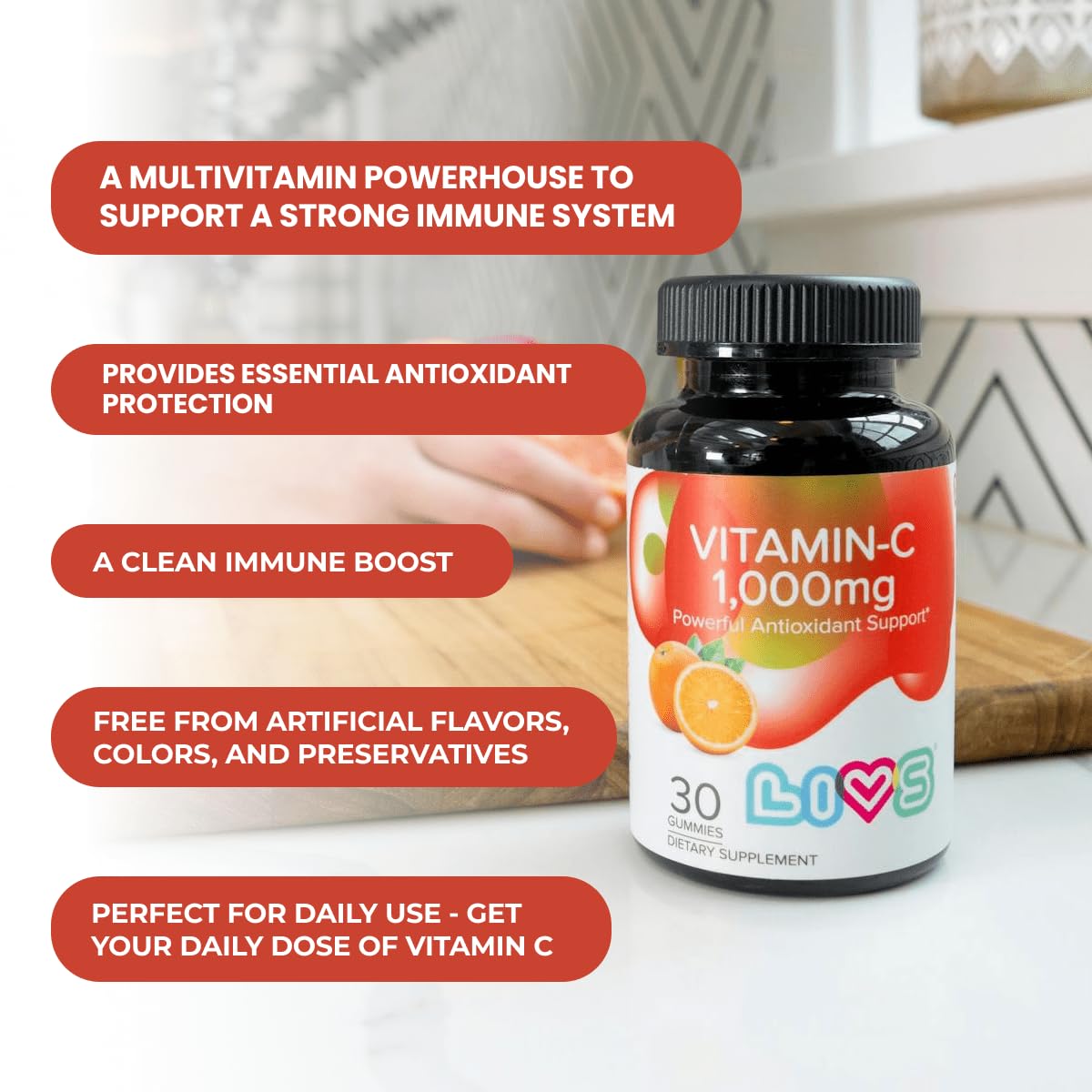 LIVS Vitamin C 1000mg Gummies for Kids & Adults, 30 Count