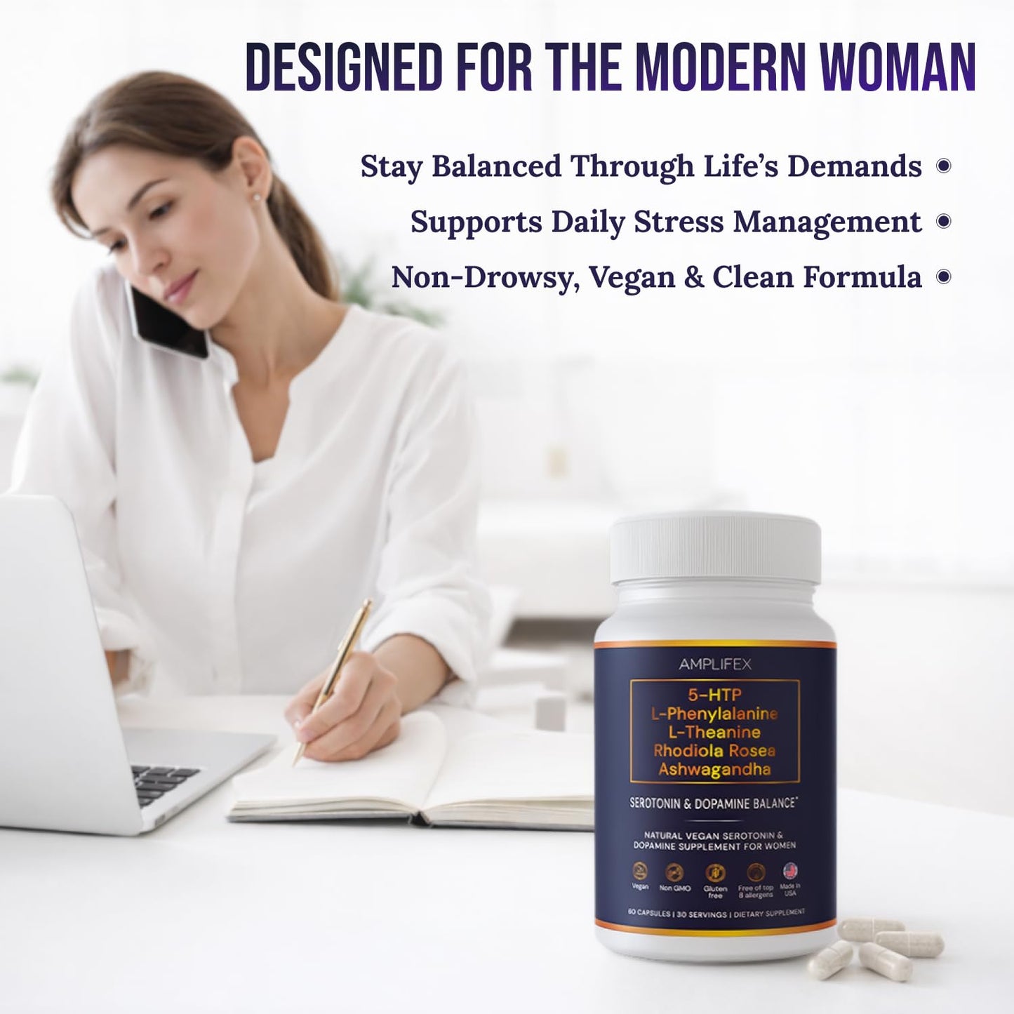 AMPLIFEX Natural Serotonin and Dopamine Mood & Stress Support Supplement for Women 60 Capsules