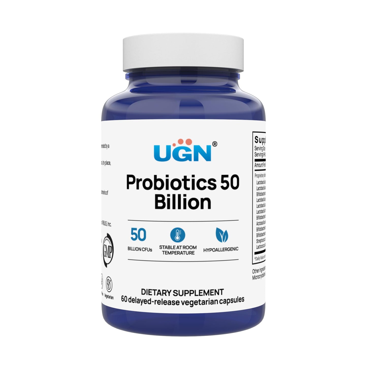 UGN 50 Billion CFU Probiotics, 12 Strains Delayed Release Probiotic Supplement for Digestive & Gut Health, Gluten-Free & Vegan Caplets, 60 Caplets