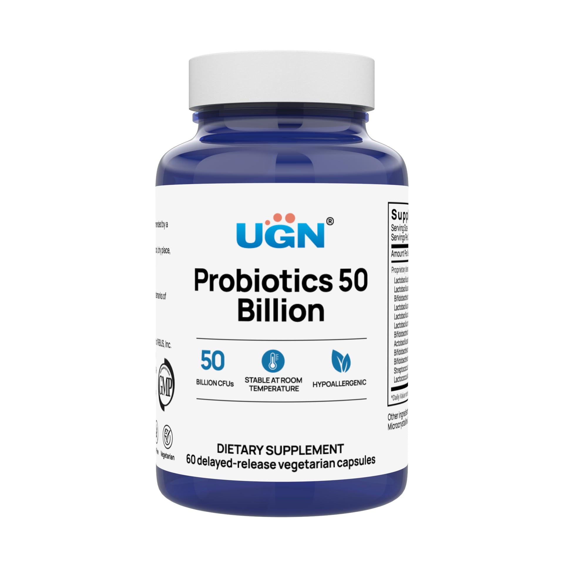 UGN 50 Billion CFU Probiotics, 12 Strains Delayed Release Probiotic Supplement for Digestive & Gut Health, Gluten-Free & Vegan Caplets, 60 Caplets