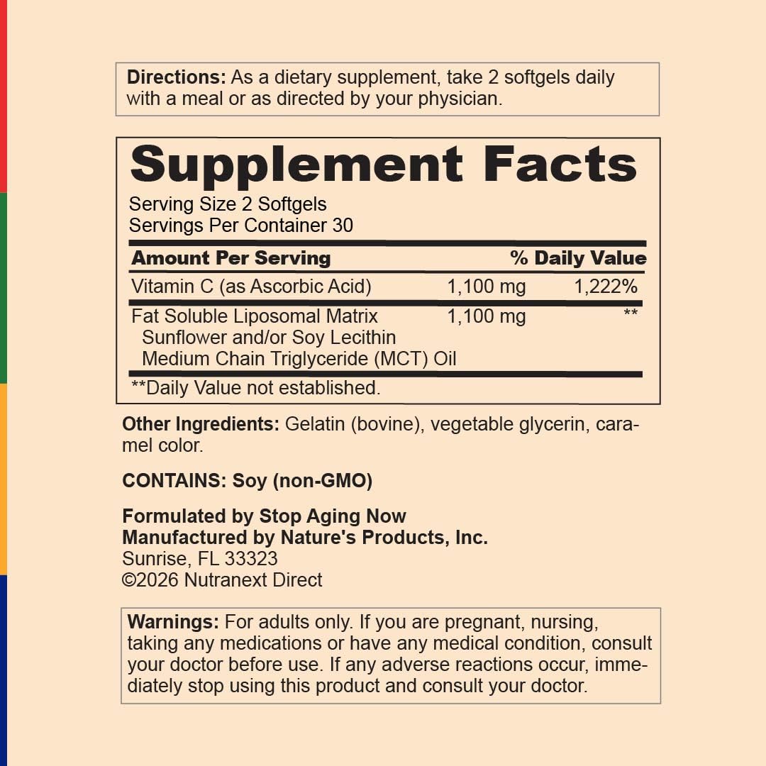 Stop Aging Now Liposomal Vitamin C Complex Supplement Softgels 60 Count