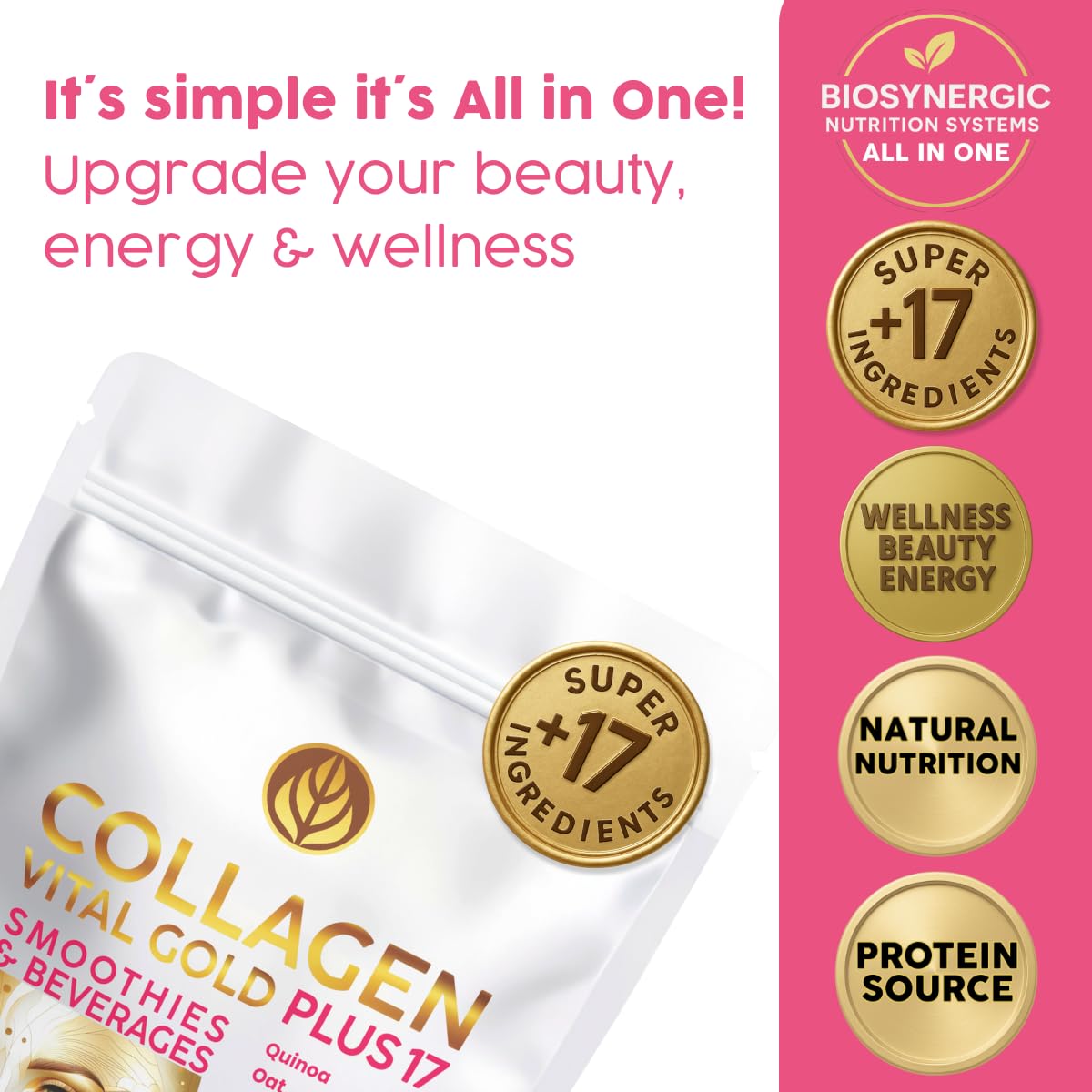 Gold Vital Life Collagen Peptides Powder - Hydrolyzed Collagen with +17 Super Ingredients, Red Berries Flavor, 1 lb, 16 Servings