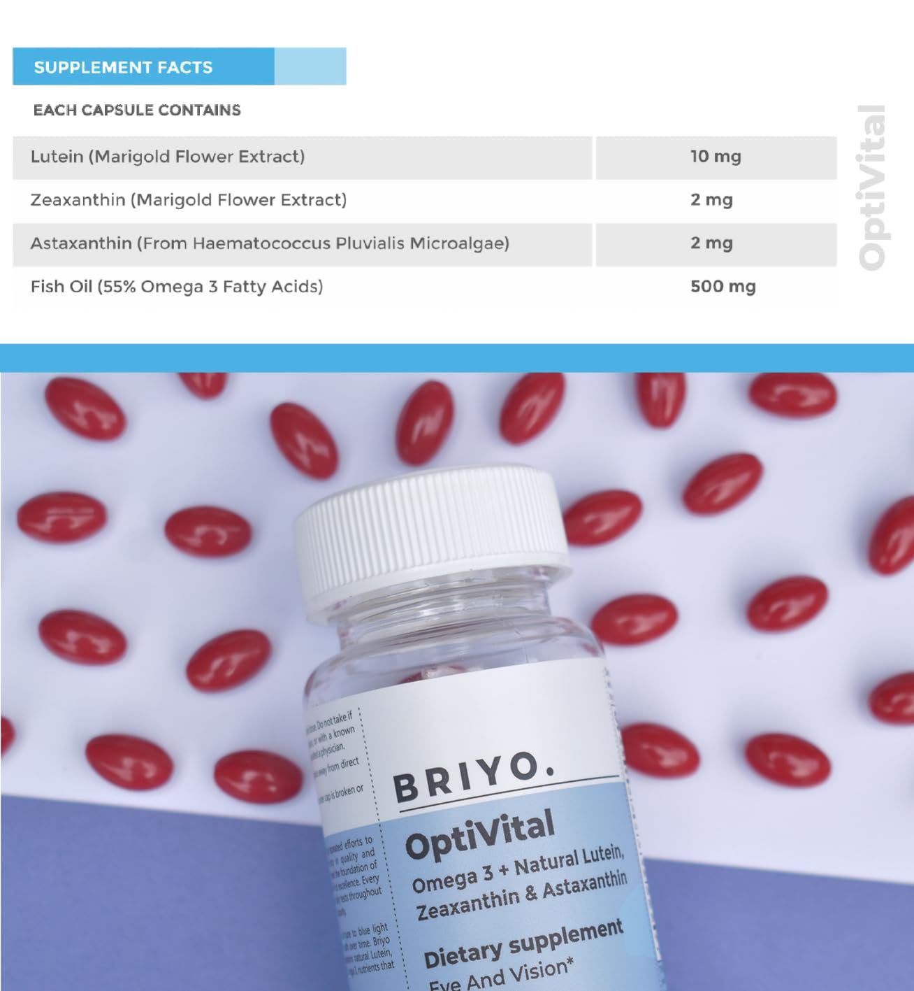 Briyosis OptiVital Eye Health Supplement – Lutein, Zeaxanthin, Astaxanthin & Omega-3 from Natural Sources – Supports Vision, Retinal Health & Eye Strain Relief 60 Capsules