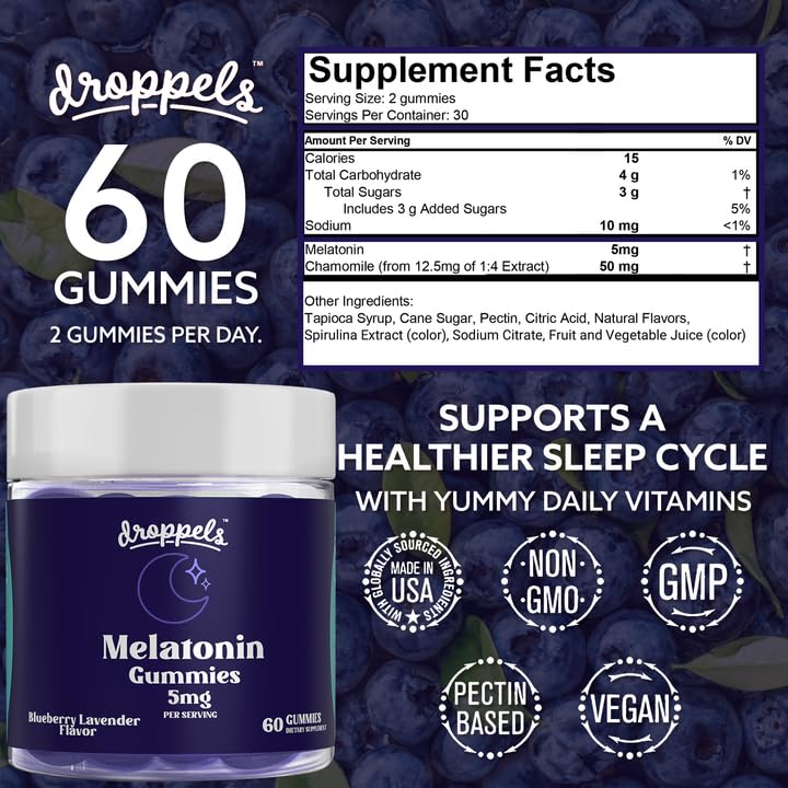 Droppels Melatonin Gummies for Adults 5mg Sleep Support with Chamomile, Vegan & Plant-Based Natural Sleep Aid, 60 Gummies