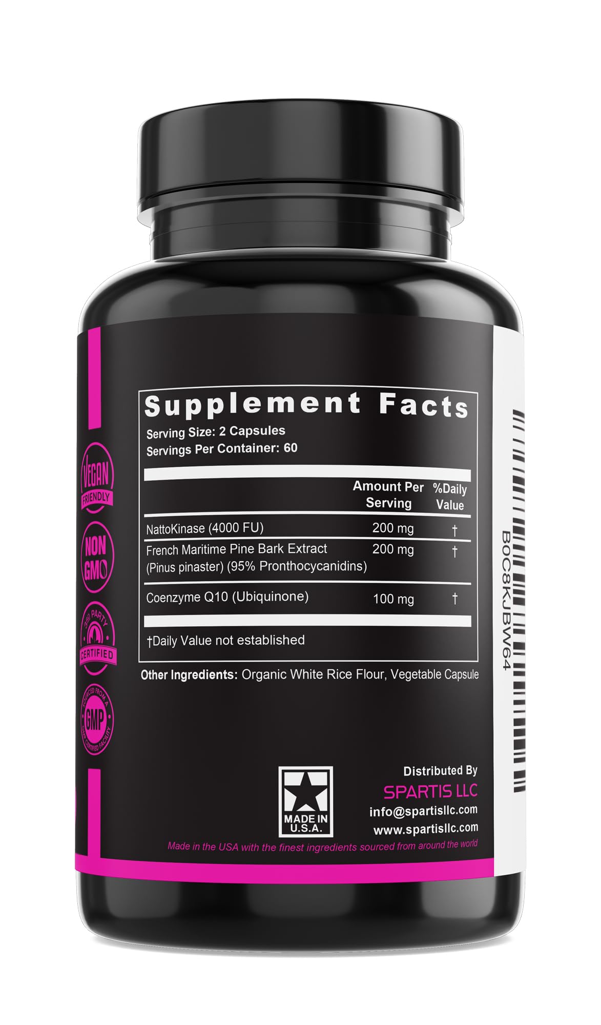 SPARTIS Nattokinase Supplement 4000 FU CoQ10 100mg French Maritime Pine Bark Extract 200mg with Enzymes Capsule 120 Count