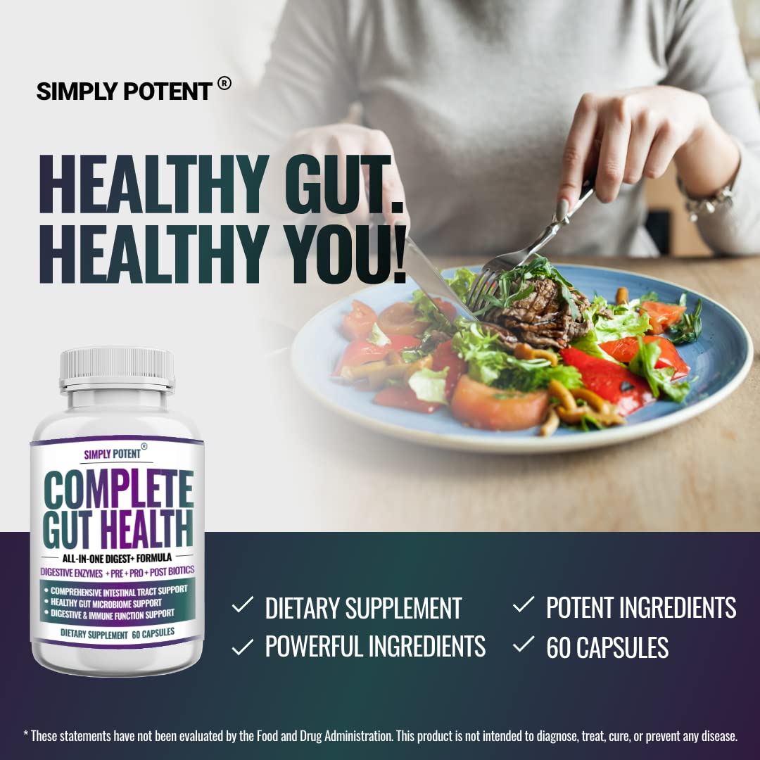 Simply Potent Digestive Enzymes with Prebiotics, Probiotics & Postbiotics 4-in-1 Complete Gut Health Formula 60 Capsules