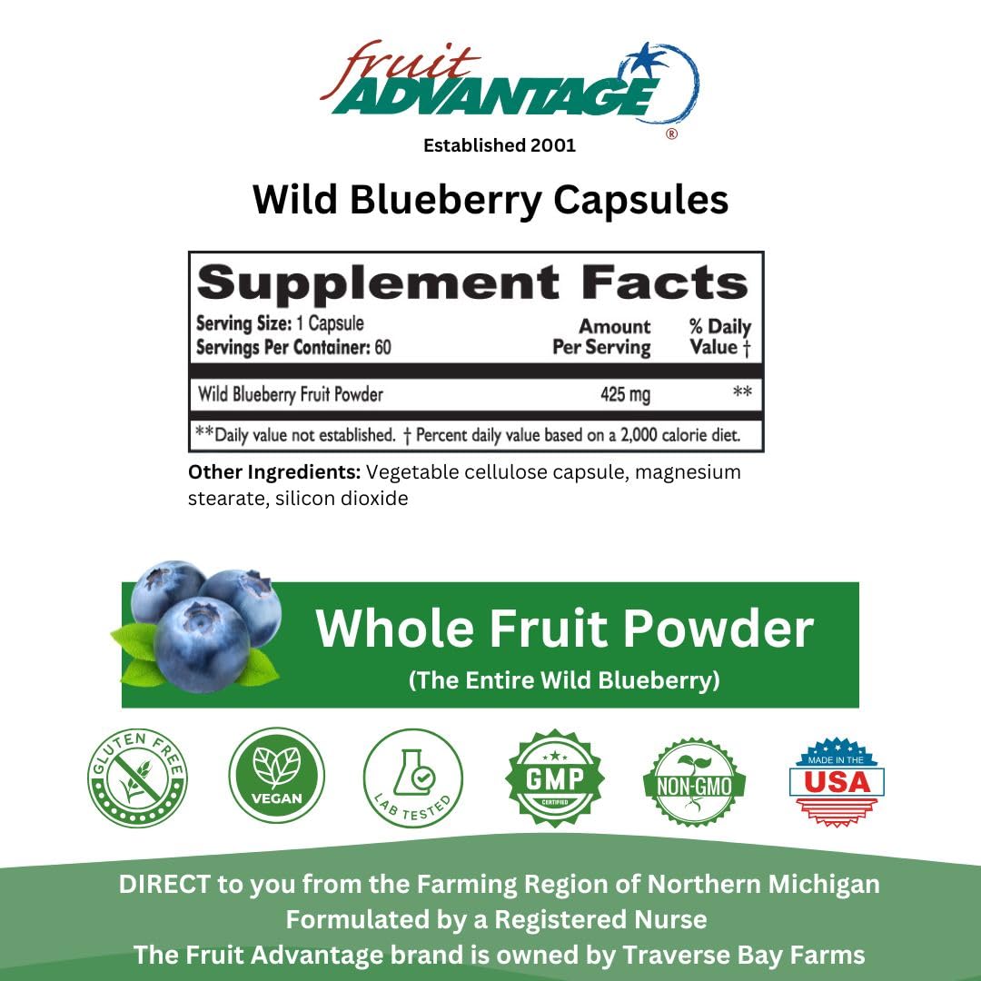 Fruit Advantage Wild Blueberry Dietary Supplement Capsules, 60 Vegetarian Capsules, 425 mg