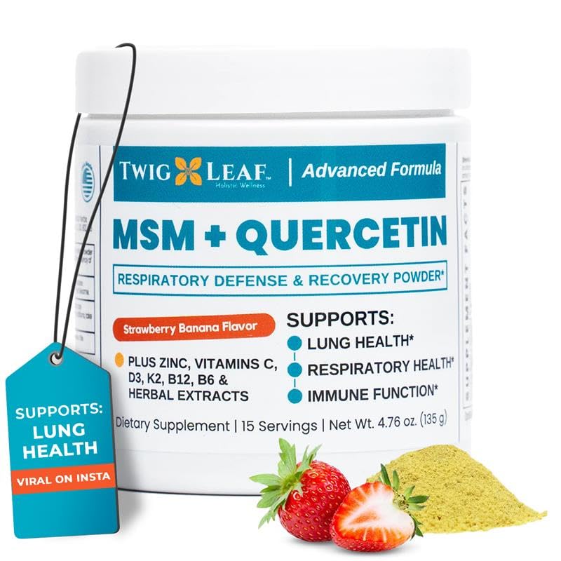 Twig & Leaf MSM + Quercetin Powder with Vitamin C & Zinc (Strawberry Banana) Immune System Support Supplement for Respiratory Health & Lung Function Natural Defense & Recovery Complex, Powder, 4.76 oz