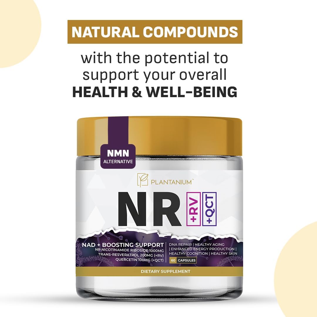 Plantanium NAD+ 1000mg Triple Action Nicotinamide Riboside (NR) with Trans-Resveratrol 200mg & Quercetin 100mg Anti-Aging Energy Focus Capsules 60 Count