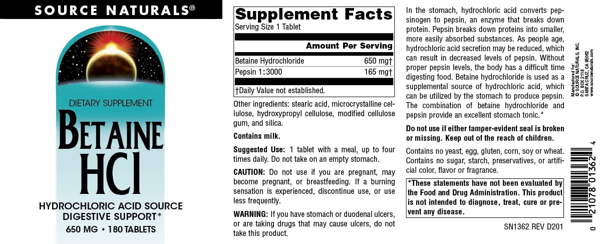 Source Naturals Betaine HCl Hydrochloric Acid Source 650 mg Tablet, 180 Tablets