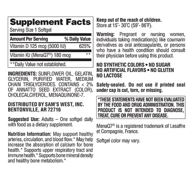 Generic Vitamin K2 + D3 125 mcg (5000 IU) Softgels 150