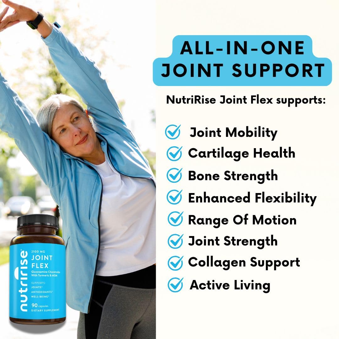 NutriRise Glucosamine Chondroitin Quercetin & MSM with Turmeric Curcumin 2100mg Triple Strength Joint Support Capsule, 90 Count