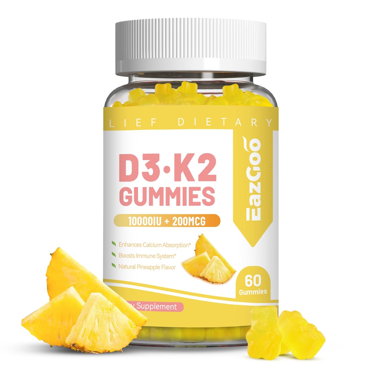 EAZGOO Vitamin D3 K2 Gummies 10000IU D3 + 200mcg K2 (MK-7), 60 Count
