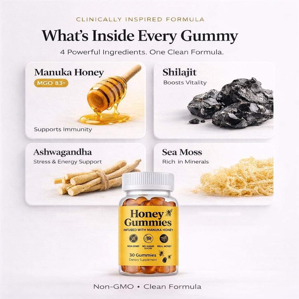 HoneyGummies New-Zealand Manuka Honey MGO 83+ Shilajit, Ashwagandha & Sea Moss Blood Flow, Stamina & Male Vitality Support – Sugar Free, Non-GMO, Made in USA Gummy 1