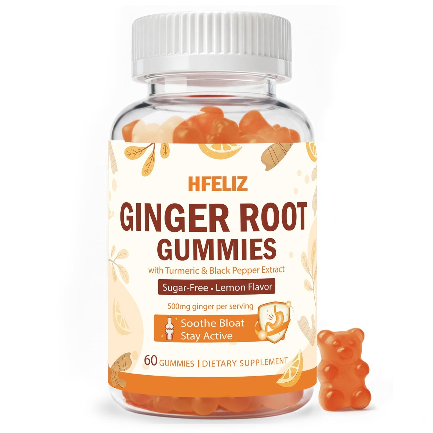 HFELIZ Ginger Gummies 500mg - Turmeric and Ginger Supplement for Digestion, Bloating & Mobility Support, Sugar-Free Lemon Flavor with Black Pepper Extract for Enhanced Absorption, 60 Count