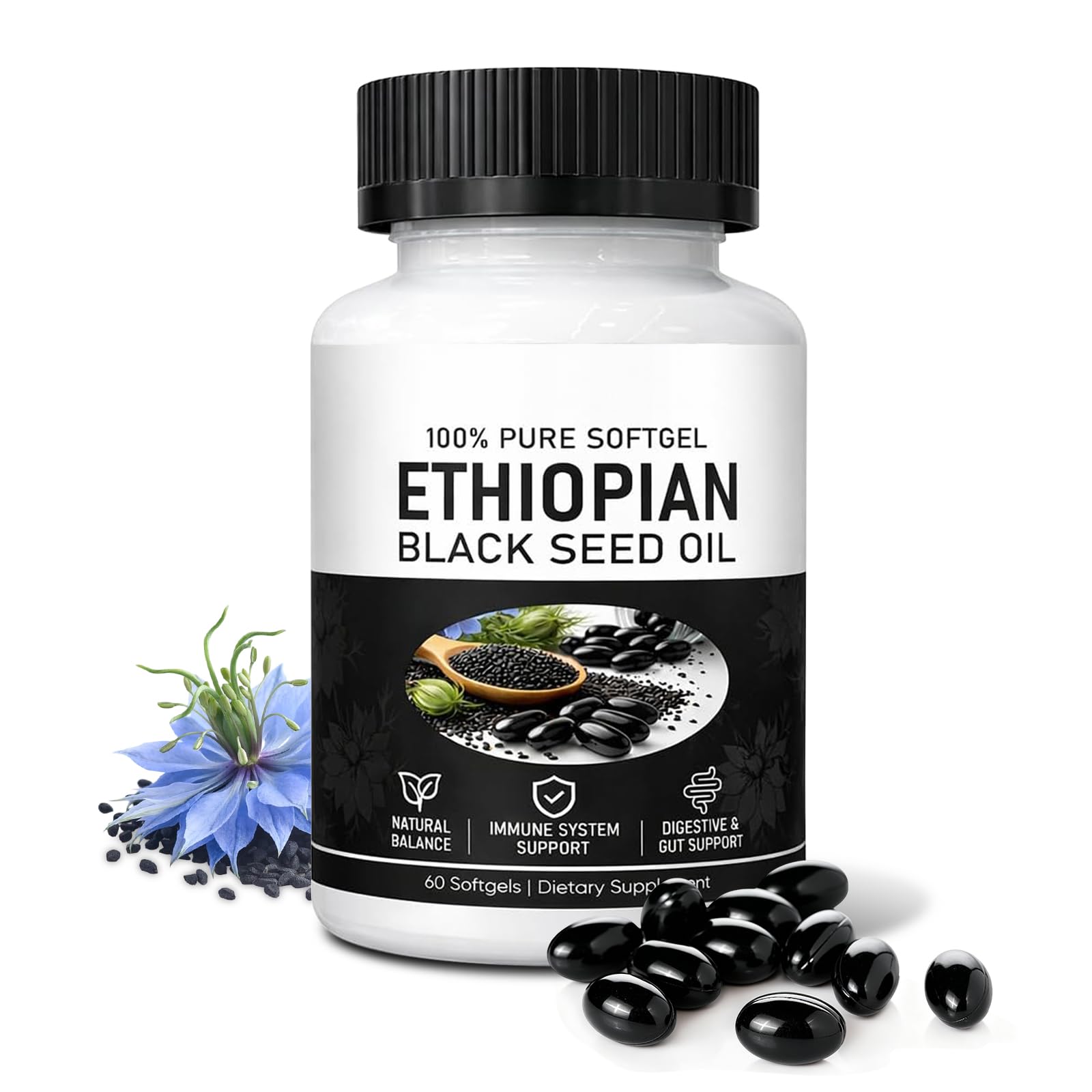 muoyid Ethiopian Black Seed Oil Capsules with 4.64% Thymoquinone, Immune Support & Digestion & Energy Booster, Non-GMO, Gluten-Free, 1 Capsule