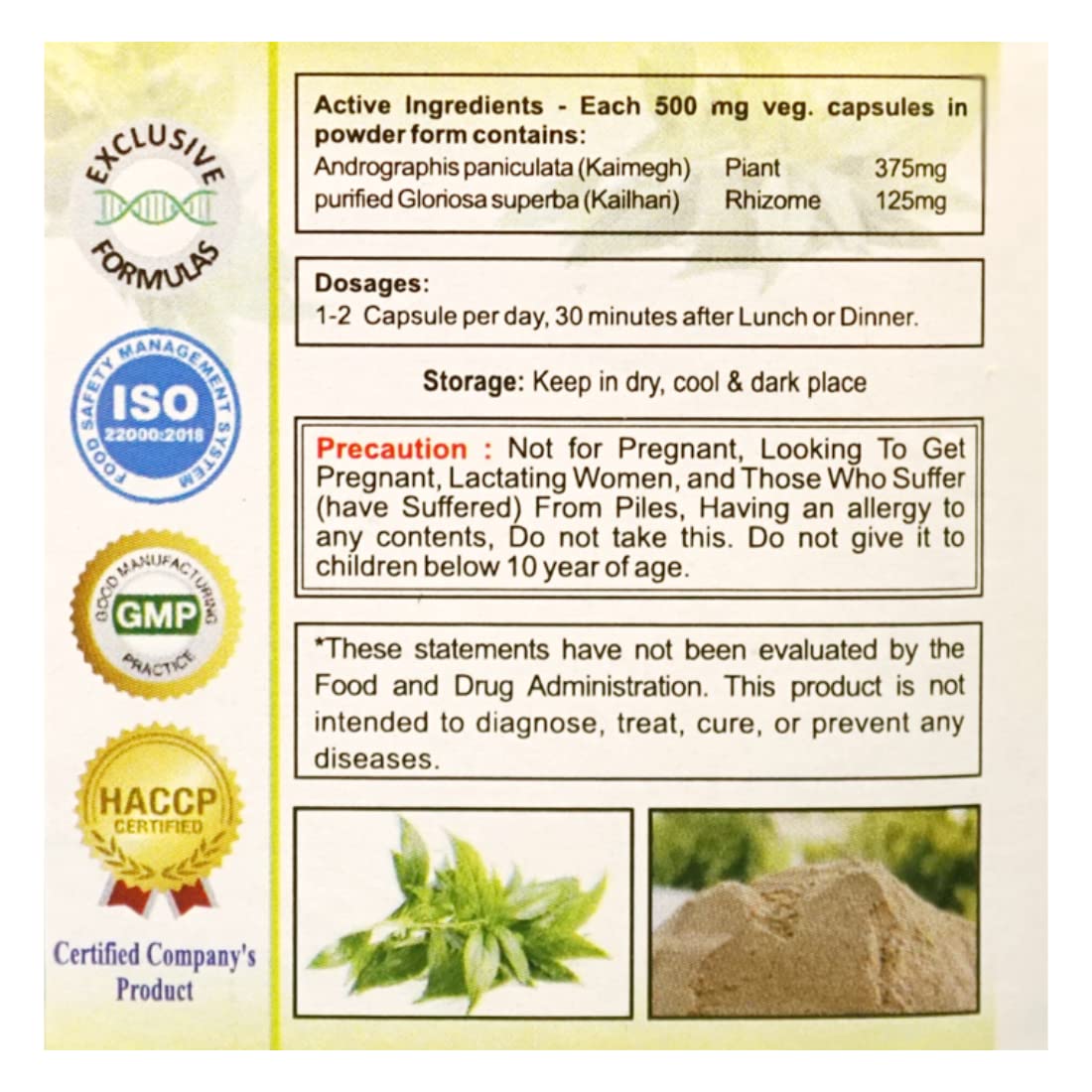 HERBAL DAILY Gloriosa superba Plus Kalmegh & Purified Kalihari Powder Dietary Supplement 180 Capsules