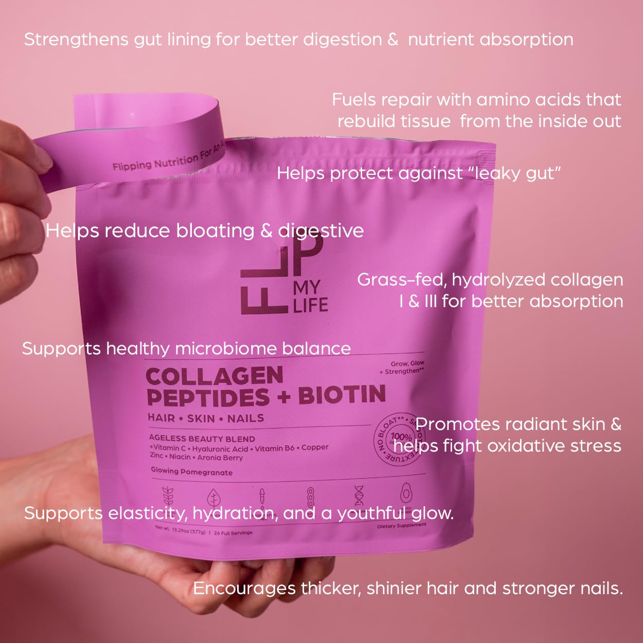 Flip My Life Collagen Peptides + Biotin, Hyaluronic Acid & Vitamin C Powder, 13.29 Ounce