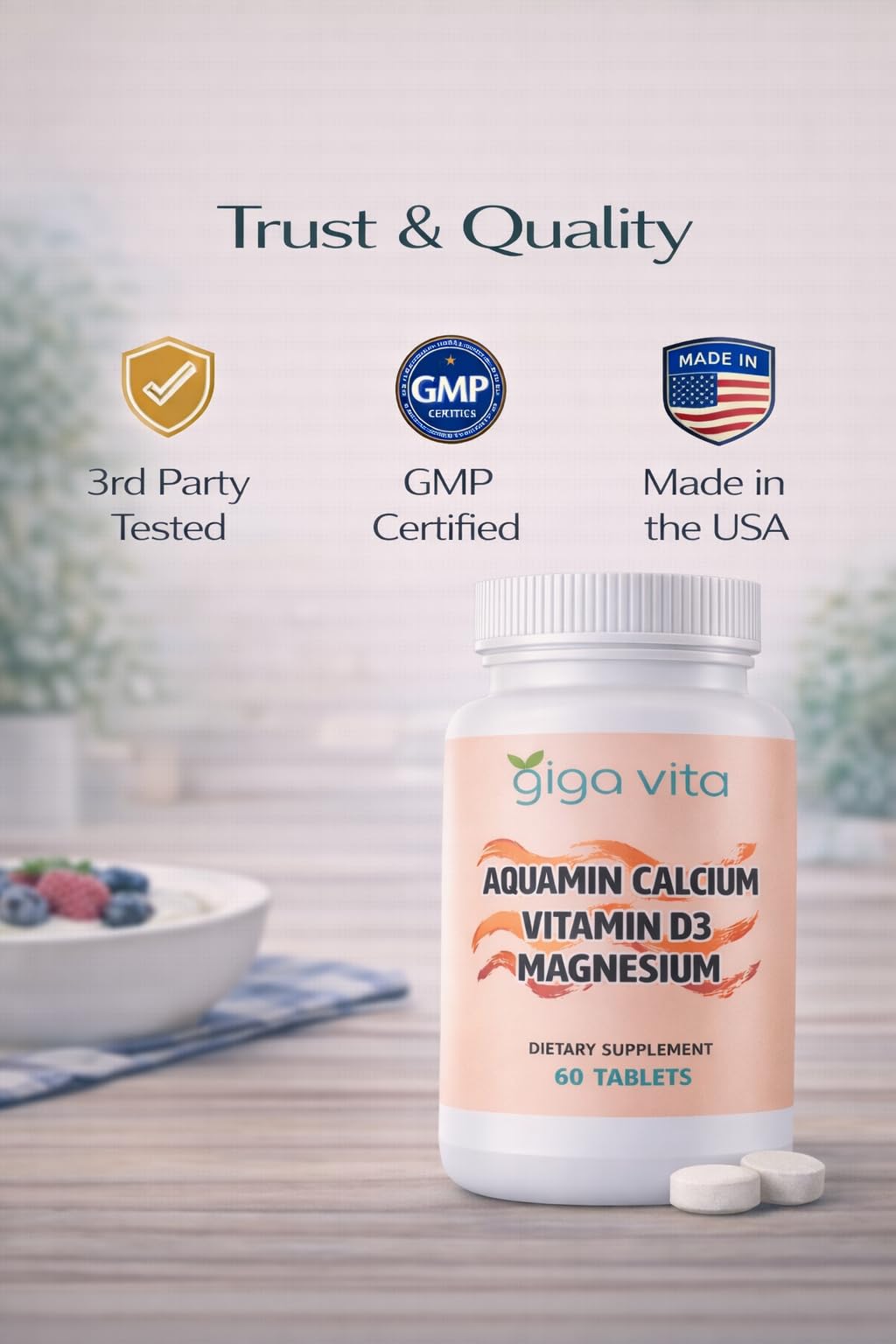 Giga Vita Aquamin Calcium with Vitamin D3 & Magnesium – Bone, Joint & Muscle Support – Plant-Based Marine Calcium from Red Algae – 60 Capsules