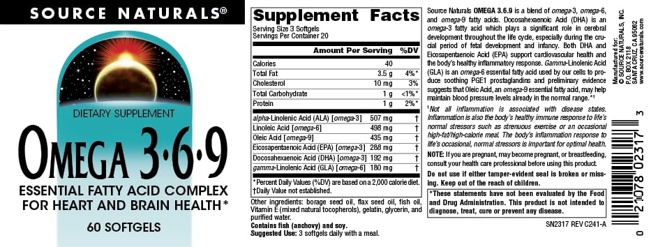 Source Naturals Omega 3-6-9 Essential Fatty Acid Complex for Heart and Brain Health Softgels 60
