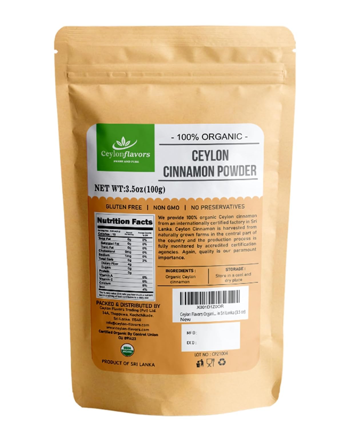 CEYLONFLAVORS FRESH AND PURE Organic Ceylon Cinnamon Powder, 3.5 oz