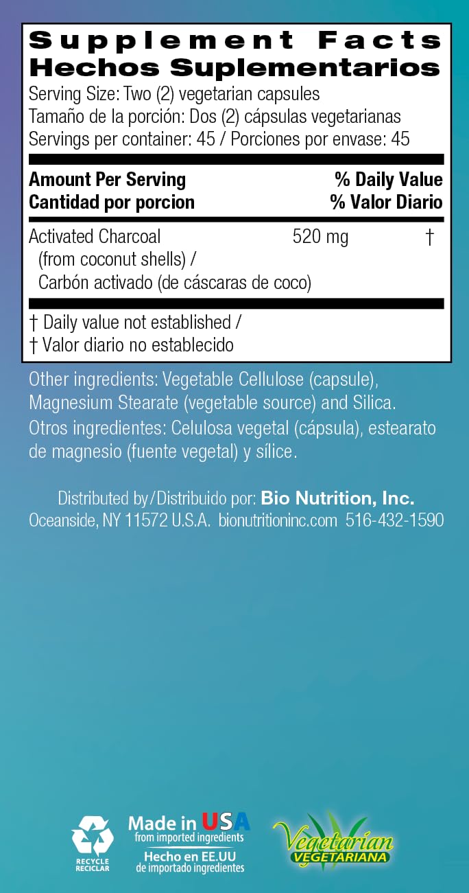 Bio Nutrition Activated Charcoal 520 mg Vegetarian Capsules, 90 Capsules